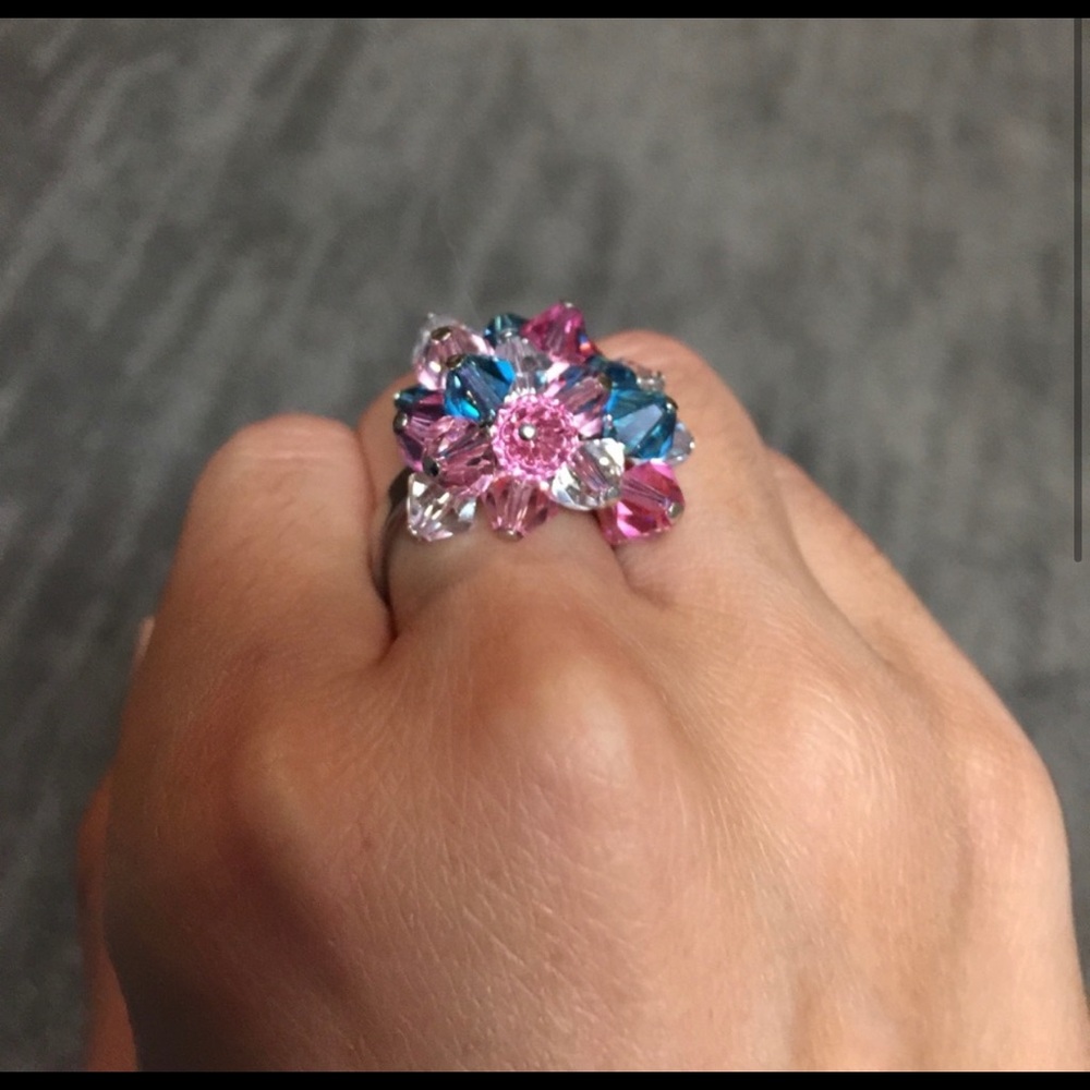 Women one size adjustable Pink and blue Crystal beads silver color ring Y2K